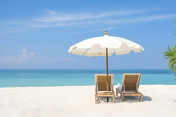 Two reclining chairs and parasols on the beach. Generative AI