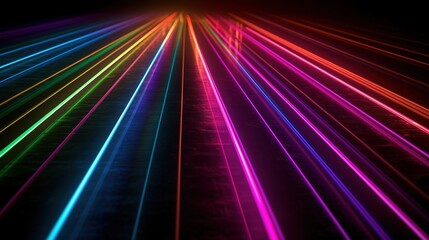 Fototapeta na wymiar parallel long neon rays, abstract, fantastic wallpaper with colorful laser rays, desktop digital wallpaper, black background, generative ai