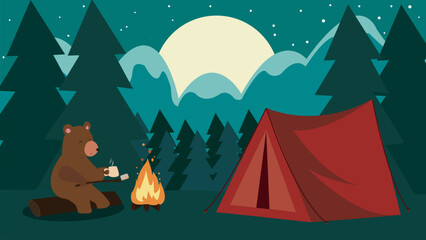 Forest camping at night time illustration. Huge moon and stars on the sky. Bear is camping in the forest. 