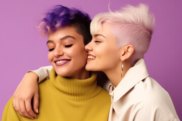 Happy lesbian couple hugging in studio