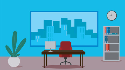 Workplace flat color vector illustration with city view on the background.
