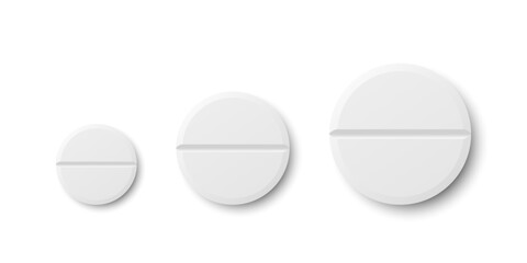 Vector 3d Realistic White Round Pharmaceutical Medical Pill, Capsule, Tablet Icon Set Closeup Isolated On White Background. Front, Top View. Medicine, Health Concept