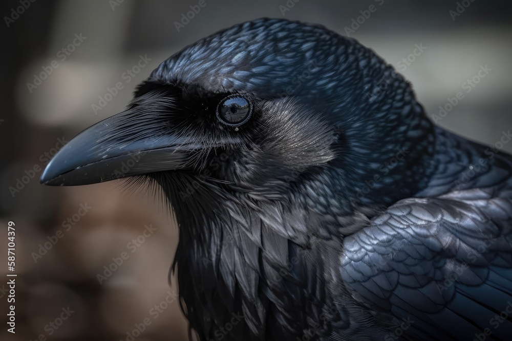 Canvas Prints A young crow's head against a gray background. Close up of a raven portrait. Bird in the city. Generative AI