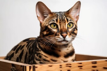 Fototapeta na wymiar A white background is used to depict a brown Bengal cat in a wooden box. Generative AI