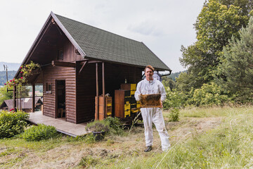 Fototapeta na wymiar Beekeeper in full protective gear standing in front of beehive boxes, holding and inspecting a frame with comb and bees