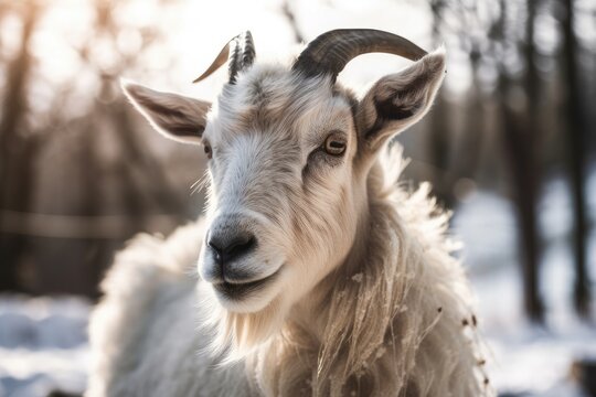 A humorous white goat with magnificent horns is depicted in this portrait. Cold weather, winter, and snow. Generative AI