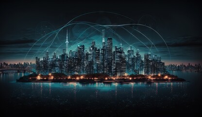 Smart city and abstract dot points connect with grid Generative AI