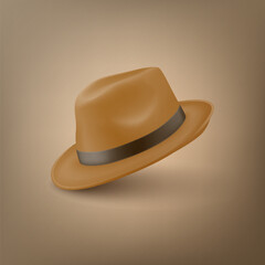Vector 3d Realistic Brown Vintage Classic Gentleman Hat, Cap Icon Closeup. Front, Half Turn View. Mens Unisex Hat Design Template. Vector Illustration