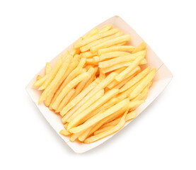Paper box with tasty french fries on white background