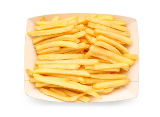Paper box with tasty french fries on white background