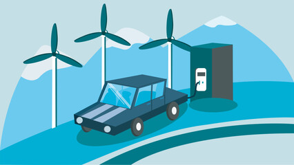 Electric car on charge stock illustration. Renewable energy sources. Clean energy. 
