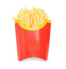 Paper box with tasty french fries on white background