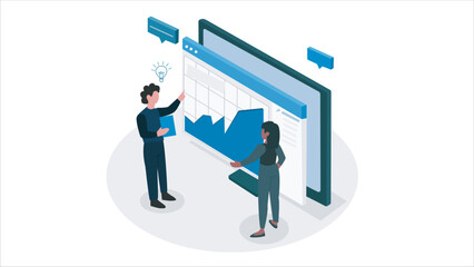Data table vector examined by two female and male people. They are discussing about data. flat illustration.