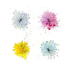 Dandelion yellow flower. Light air flower. Set of various dandelions. Hand painted watercolor illustration. Vector isolated on white background.