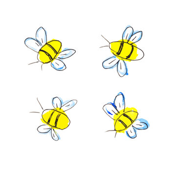 Flying bees. Set of bees insect icons. Hand painted watercolor illustration. Vector isolated on white background.