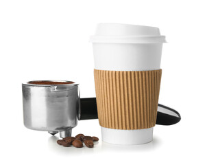 Takeaway cup and portafilter with coffee powder isolated on white background