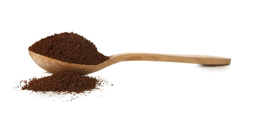 Wooden spoon with coffee powder isolated on white background