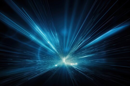 Abstract background of dark blue sky with lighting flares and glistening light beams. Generative AI