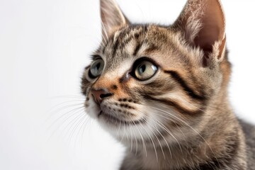Close up of an adorable cat turning its head. Copy space isolated on white. Generative AI