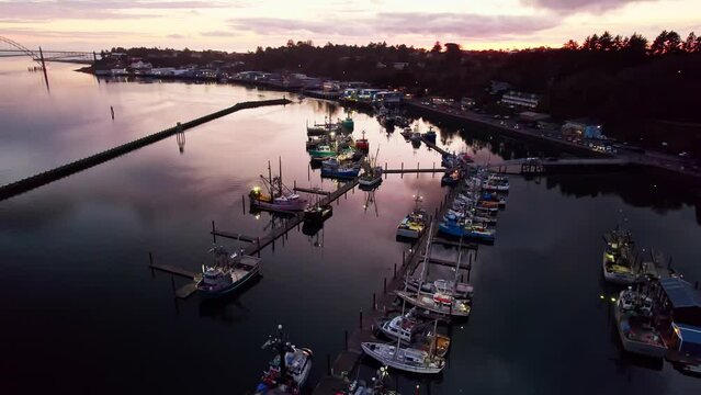 Yaquina Bay Newport Oregon Sunset Drone Photo Fishing Ships 104