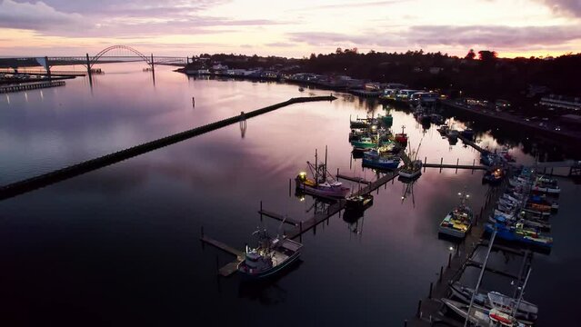 Yaquina Bay Newport Oregon Sunset Drone Photo Fishing Ships 111