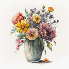 vase with Flowers watercolor drawing created with Generative AI technology