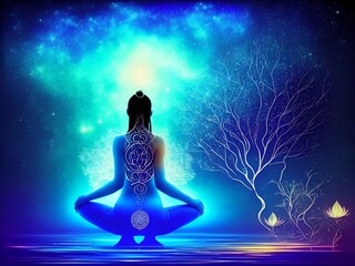 Fototapeta na wymiar Silhouette of a woman meditating, sitting in yogi in lotus position, blue background, Generrative AI