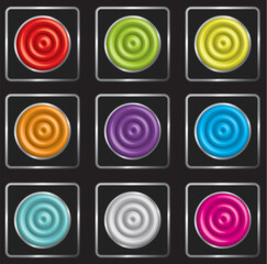 Set of signal shaped round buttons. Round plastic buttons in a square frame with a border. Buttons for web. Vector.