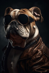 Adorable Character Design of a cool Bulldog wearing Sunglasses and a leather jacket, Studio Portrait with dark background, generative AI  