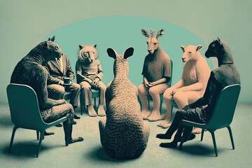 Animals sit in a circle at anonym alcoholic meeting, created with Generative AI technology - obrazy, fototapety, plakaty