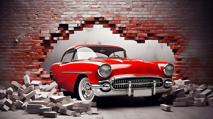 room wallpaper 3d mural wallpaper broken wall bricks and a classic red car 	