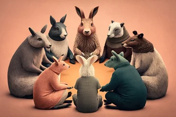 Fotobehang Animals sit in a circle at anonym alcoholic meeting, created with Generative AI technology © RealPeopleStudio