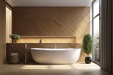 Naklejka na ściany i meble Interior of a luxurious bathroom with oak walls that are tiled and a white bathtub in the corner. a mockup. Generative AI