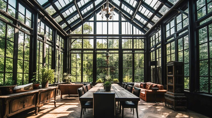 Dine in Style, Luxury Sunroom with Dining Table, Glass Windows and Views of Nature, Generative AI