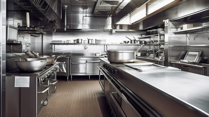 Organized and Clean Modern Restaurant Kitchen, Where Culinary Art Meets Technology, Generative AI