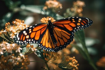 Fototapeta na wymiar Monarch butterfly pollinating flowers in the summer day, soft background. Generative AI