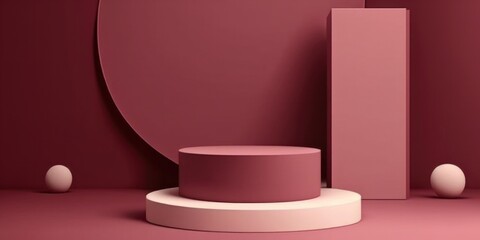 Empty podium mock up display, blank cosmetic ads stand product placement fashion ads on minimal pink red color background, pedestal mockup scene platform ai generative promotion concept.