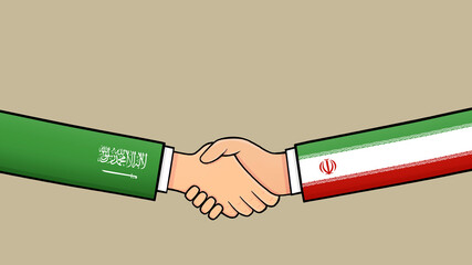 Agreement between Iranian and Saudi Arabia politics Illustrations with country flags.  - obrazy, fototapety, plakaty