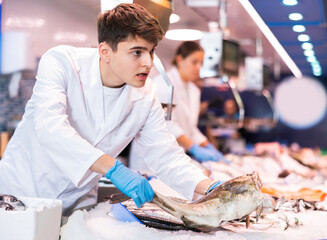 Responsive young shop assistant keeping in hands cod fish in fish store