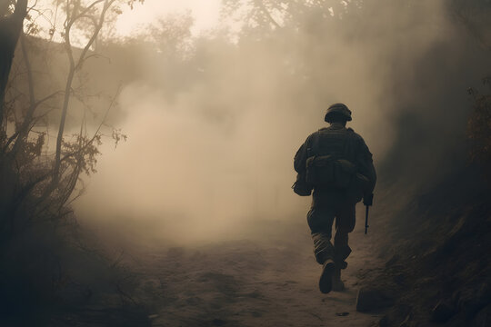 ein soldat geht durch den aufsteigenden rauch, w&auml;hrend die sonne aufgeht, milit&auml;r, uniform, bewaffnet