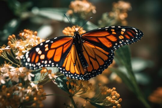 Monarch butterfly pollinating flowers in the summer day, soft background. Generative AI