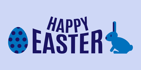 Happy Easter lettering with egg and rabbit. Blue colors