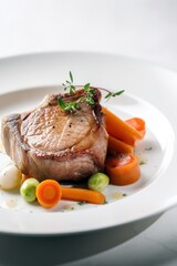 Delicious steak served with vegetables. Generative AI vertical shot