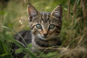 Naklejka na ściany i meble a kitten in the grass. Generative AI