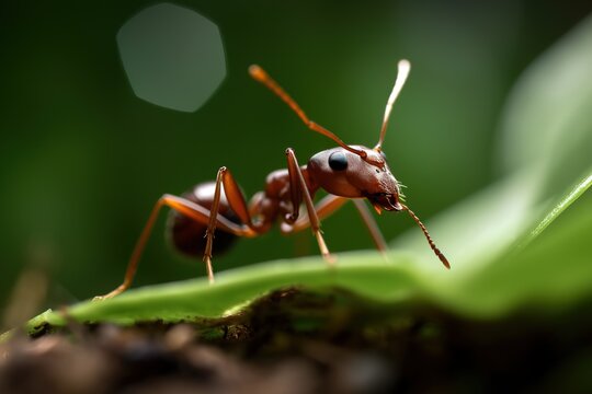 Red ant posing on green leaf macro shot photography. Generative AI