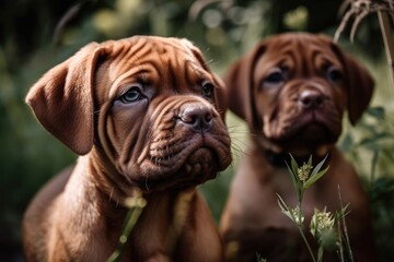 Obraz premium Bordeaux puppies in the backyard in the summer. Generative AI