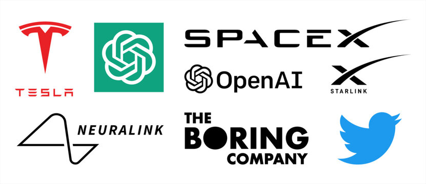 Elon Musk companies logo set. Tesla, ChatGPT, OpenAI, SpaceX, The Boring Company, Twitter, Neuralink icons. Realistic editorial vector.