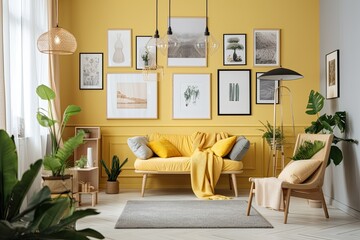 a monochromatic light yellow gallery wall with furniture and plants, a flat color interior space with a poster showcase and five frames on the wall. Generative AI