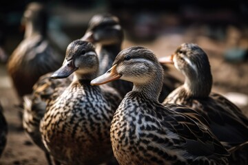 Obraz premium a group of ducks that had been scouring the village for food. Generative AI
