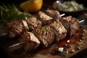 Fototapeta na wymiar Greek Steak Souvlaki Cubed steak marinated in a mixture of olive oil, lemon juice, garlic, and oregano, then skewered and grilled or broiled, traditionally served with tzatziki sauce